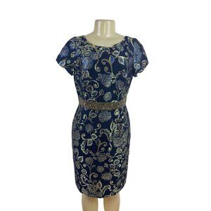 Carmen Marc Valvo Blue & Gold Floral Cocktail Dress With Beaded Waistband Sz 10